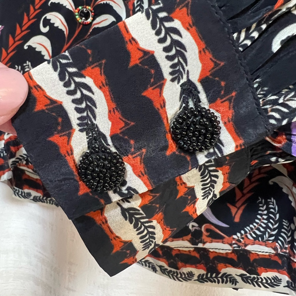 Farm Rio NWT Garden Print Black Long Sleeve Floral Mirror Beaded Button Blouse - Picture 7 of 14